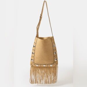 Boho Fringe Shoulder Bag with Silver Accents & Internal Zip Pocket